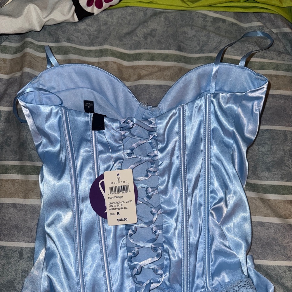 Blue Satin Corset and skirt by Windsor
